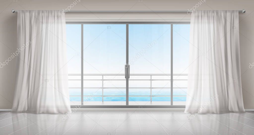 Empty room with glass door to balcony and curtains