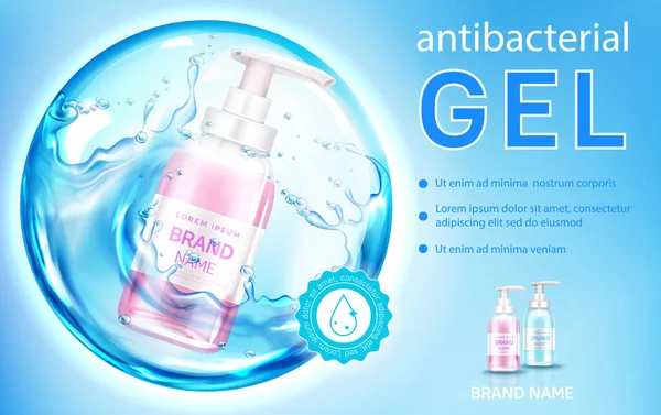 Gel antibacteriano, banner líquido de jabón antiséptico — Vector de stock