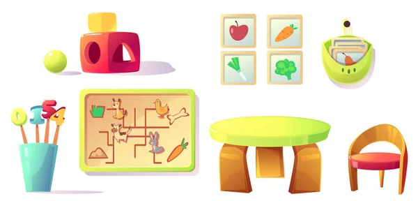 Montessori dagis utrustning, leksaker, material — Stock vektor