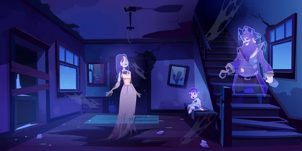 Salón de la casa abandonado con fantasmas caminan en la oscuridad — Vector de stock