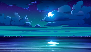 Gece deniz manzarası, kıyı şeridi ve gökyüzünde ay var.
