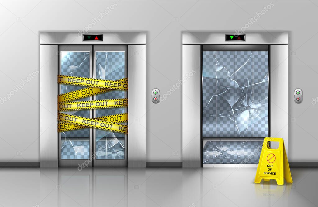 Download Broken Glass Elevators Closed For Repair Or Maintenance Passenger Lift Transparent Doorway Gate Wrapped With Warning Yellow Stripe Caution Sign Stand Near Cracked Doors Realistic 3d Vector Mockup Premium Vector In