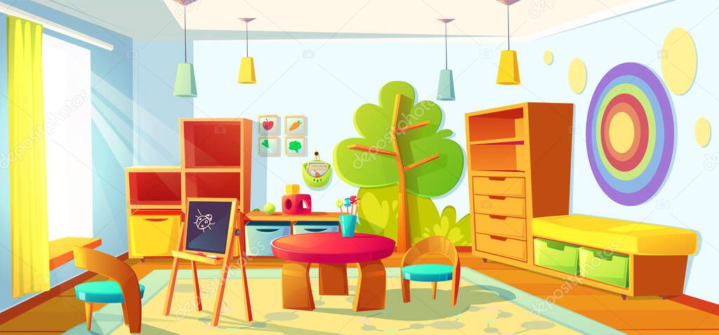 Kids playroom interior, empty indoors nursery room