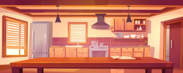 Cocina rústica interior vacío con muebles de madera — Vector de stock