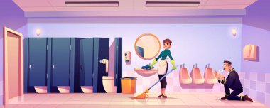 Janitor woman and plumber work in public toilet clipart