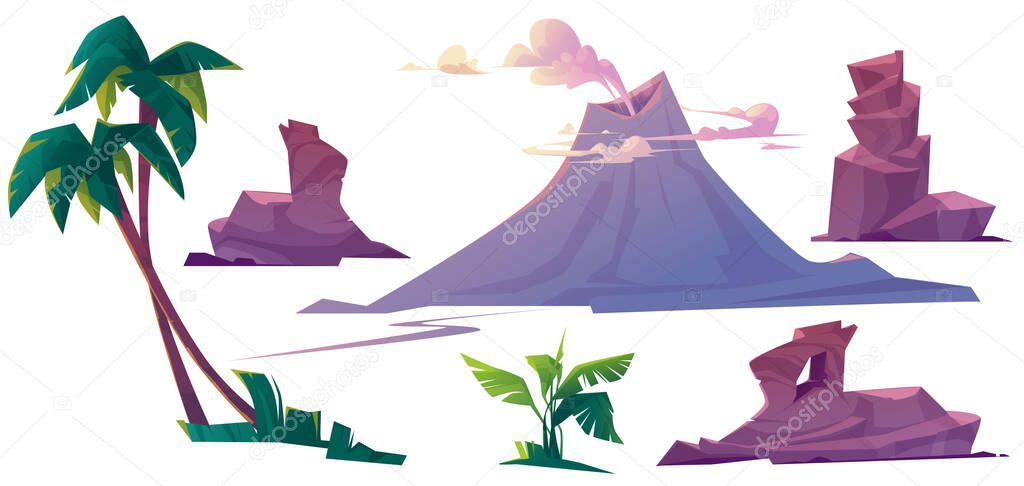 Volcano with smoke, rocks and palm trees