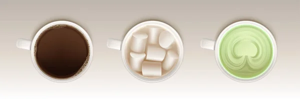 Filiżanki kawy, matcha i kakao z pianką cukrową — Wektor stockowy