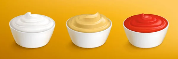 Mayonnaise, sauce moutarde et ketchup dans des bols — Image vectorielle