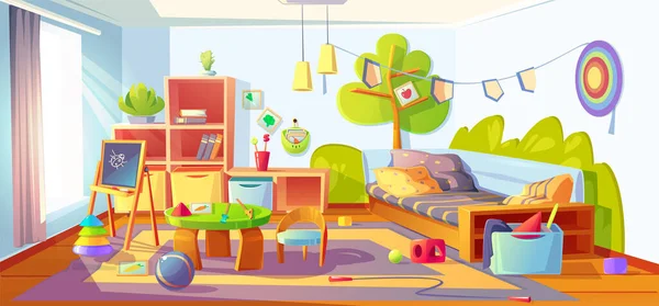 Meterse en la habitación de los niños, desordenado dormitorio infantil interior — Vector de stock