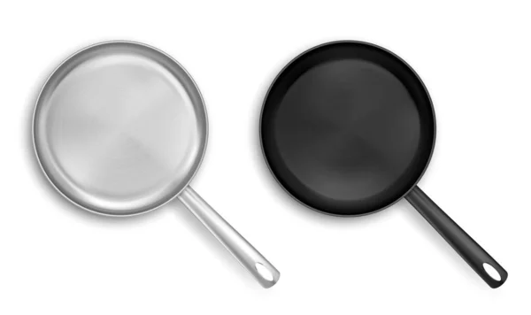 Metal and black nonstick frying pans top view — Stock Vector