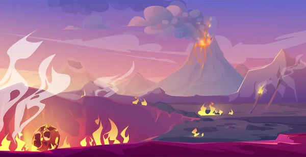 Paysage d'époque jurassique avec volcan et météore — Image vectorielle