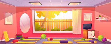 Evde yoga stüdyosu, paspaslı boş spor salonu.