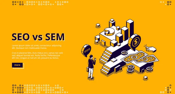 Seo vs Sem изометрическая посадка, цифровой маркетинг — стоковый вектор