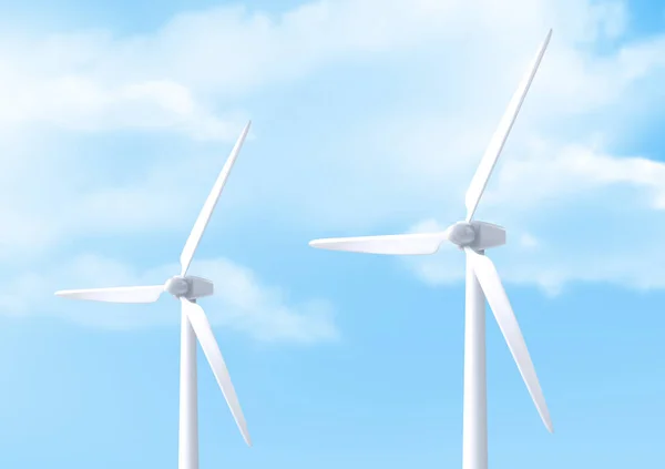 Vektor realistisk vit vindkraftverk och blå himmel — Stock vektor