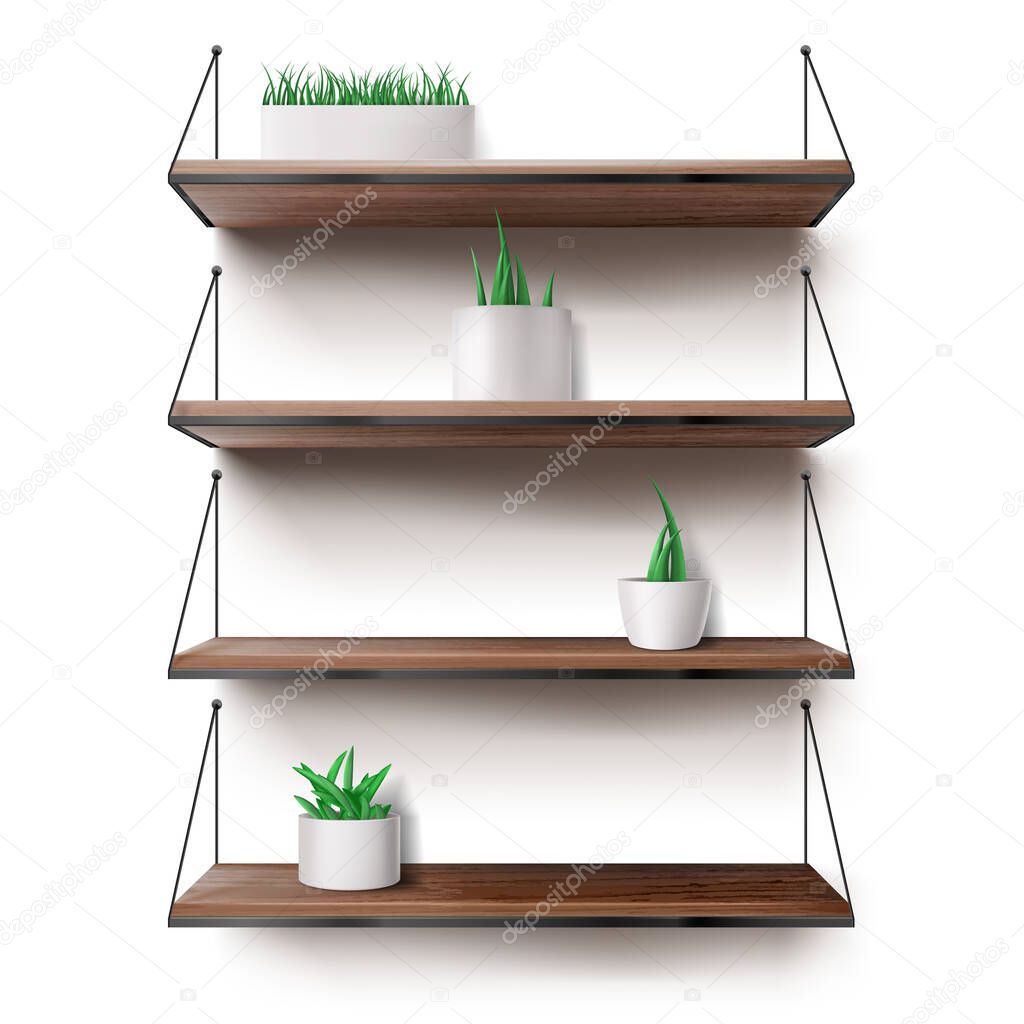 Wooden shelves hanging on ropes with plants pots