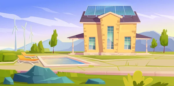 Casa com painéis solares e moinhos de vento. Eco casa —  Vetores de Stock