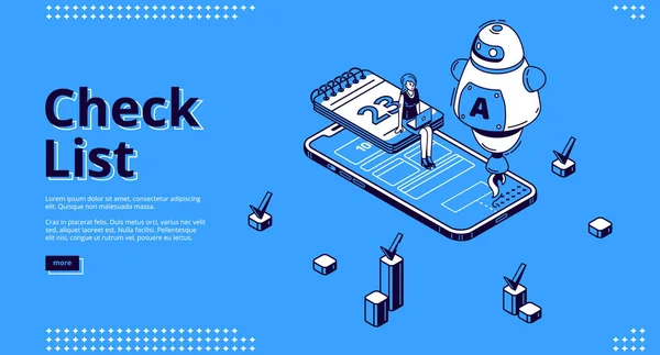 Lijst met isometrische landingspagina 's online checklist — Stockvector