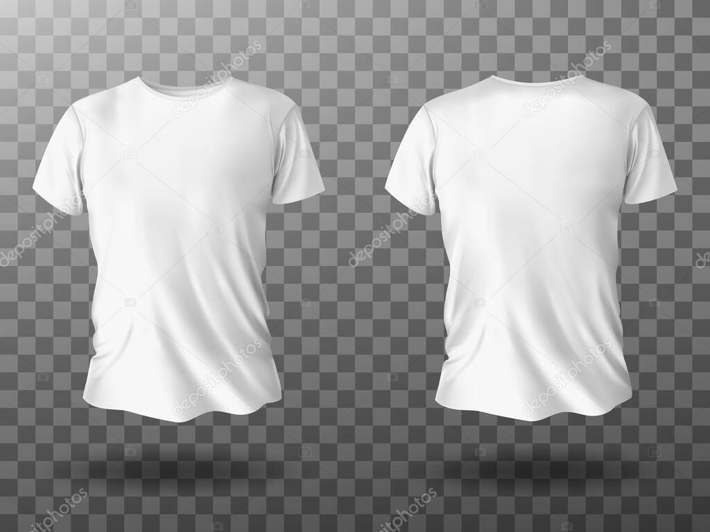 Download White T Shirt Mockup Male T Shirt With Short Sleeves Vector Template Front Back View Blank Apparel Design For Men Sportswear Casual Clothing Isolated On Transparent Background Realistic 3d Mock Up Premium