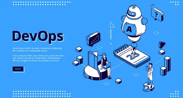 Baner izometryczny Devops, opracowanie i działanie — Wektor stockowy