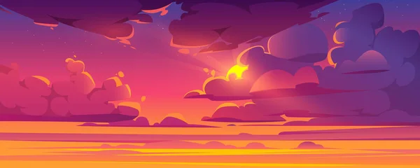 Cielo al atardecer con el sol asomándose de nubes esponjosas — Vector de stock