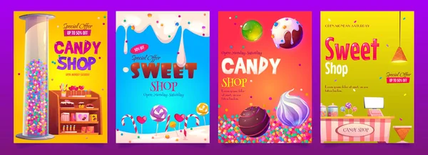 Des bannières publicitaires de bonbons et de sucreries définissent diverses pâtisseries — Image vectorielle