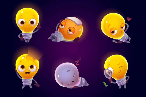 Funny bombillas personajes emoji iconos conjunto . — Archivo Imágenes Vectoriales