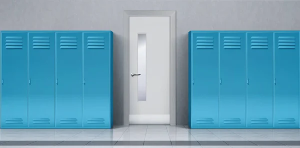 Korytarz szkolny z niebieskimi szafkami i zamkniętymi drzwiami — Wektor stockowy