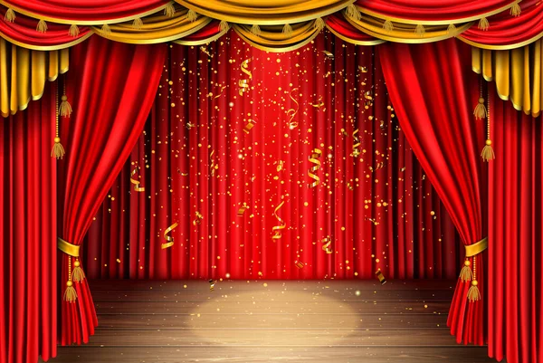 Üres színpad vörös függönnyel és lehulló konfettivel — Stock Vector