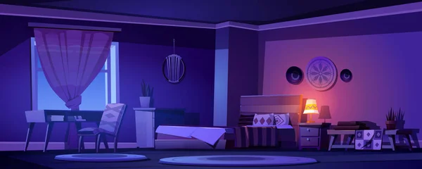 Boho, bohemiskt sovrum tom interiör på natten — Stock vektor
