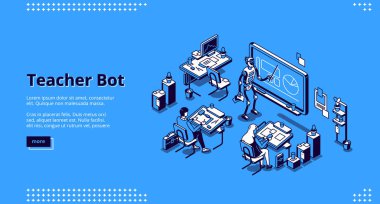 Öğretmen robot izometrik iniş sayfası. Cyborg eğitmeni