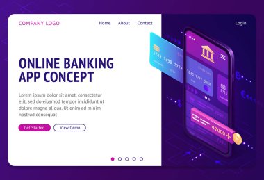 Çevrimiçi bankacılık uygulaması izometrik iniş sayfası, afiş
