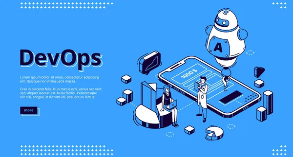 Devops isometrisches Banner, Entwicklung und Betrieb — Stockvektor