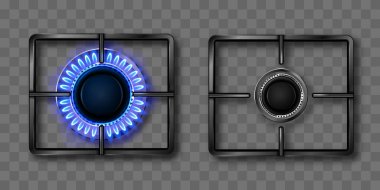 Gas burner with blue flame and black steel grate clipart