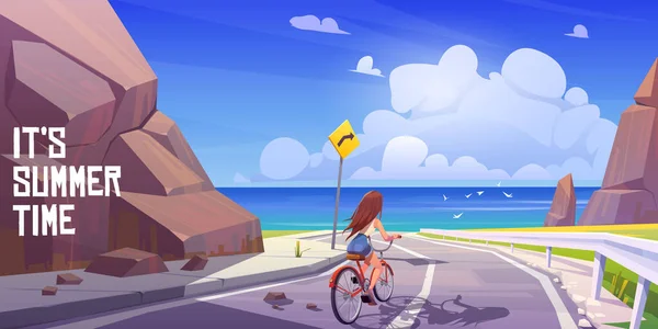 Paisaje de verano con chica en bicicleta y mar — Archivo Imágenes Vectoriales