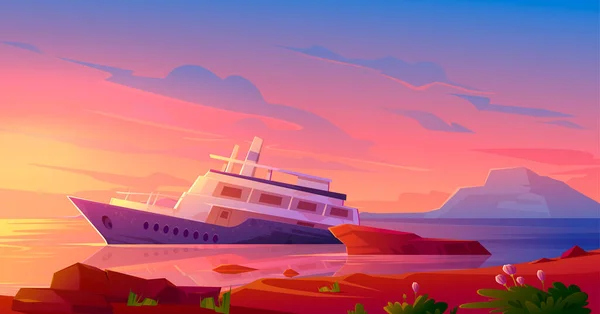 夕日の海港での沈没クルーズ船 — ストックベクタ