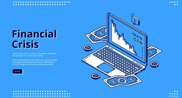 Dizüstü bilgisayar ikonu ile finansal krizin iniş sayfası — Stok Vektör