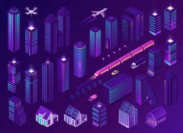 Smart City mit modernen Gebäuden und Transport — Stockvektor