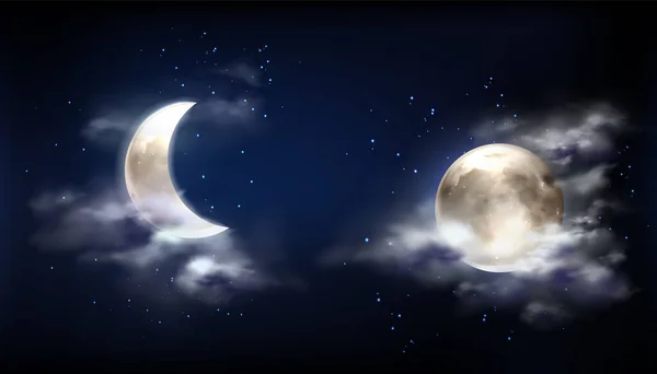 Luna llena y media luna en el cielo nocturno con nubes — Vector de stock