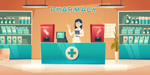 Farmacia con mujer farmacéutica en mostrador — Vector de stock