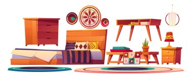 Vektör yatak odası boho tarzında ayarlandı