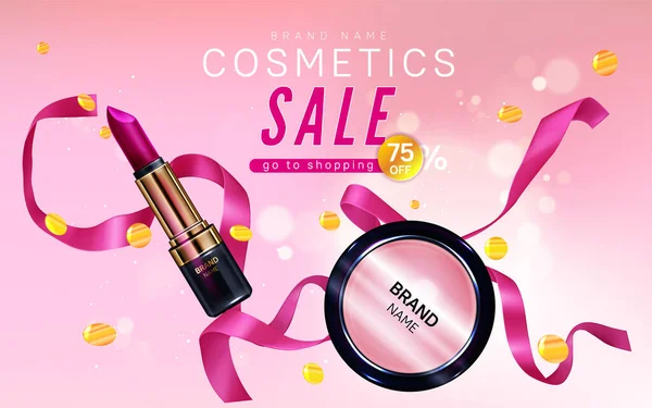 Banner de venta de cosméticos con lápiz labial, maquillaje rubor — Archivo Imágenes Vectoriales