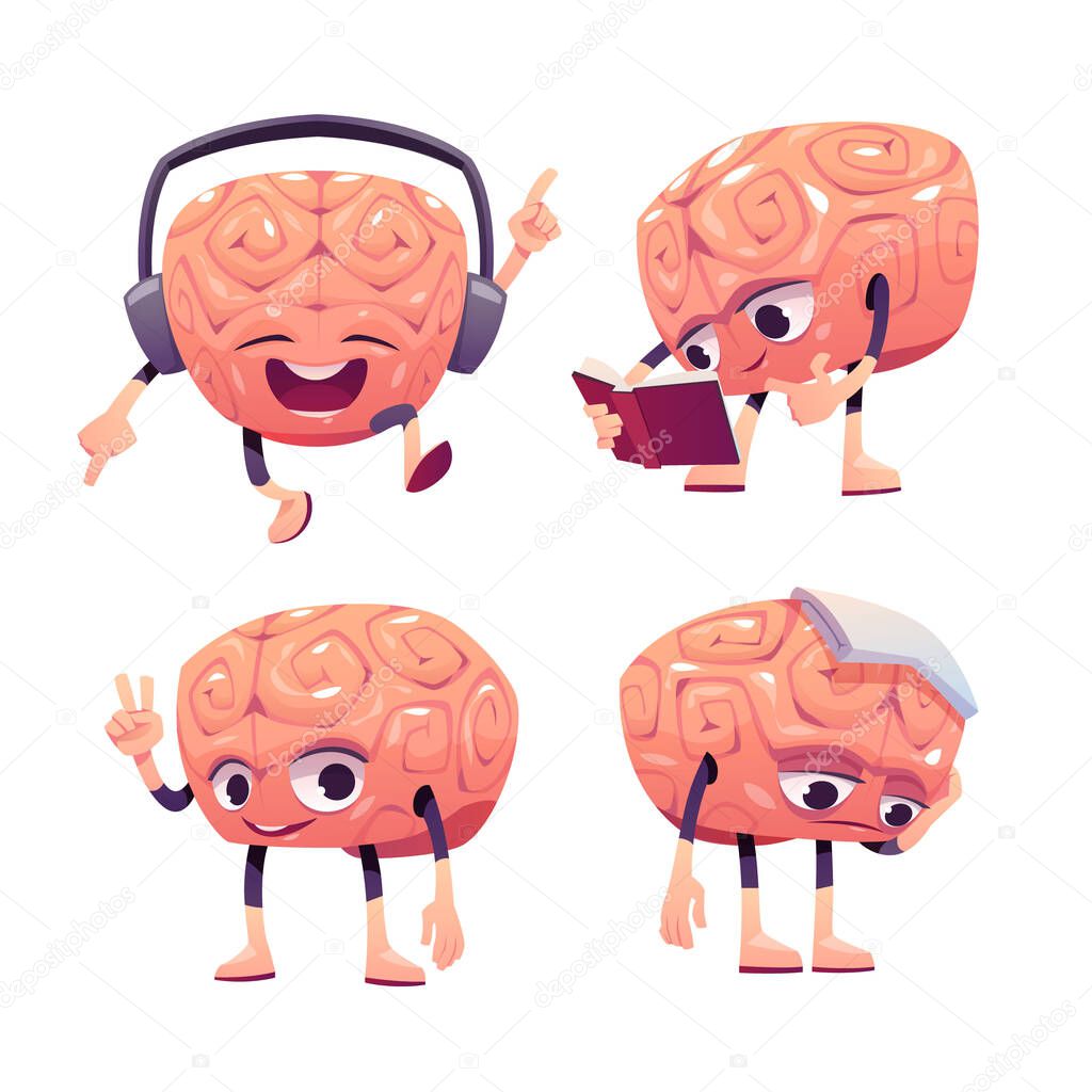 Brain characters, cartoon mascot with funny face