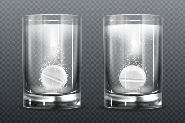 Tabletka musująca z bąbelkami musującymi w szklance wody — Wektor stockowy