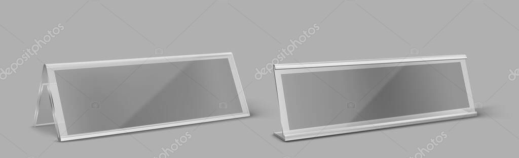 Download Table Card Holder Empty Plastic Name Plate Vector Realistic Mockup Of Transparent Plexiglass Stand For Identification Tag For Events Clear Acrylic Frame For Nameplate Isolated On Gray Background Premium Vector In