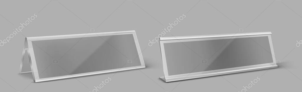 Download Table Card Holder Empty Plastic Name Plate Vector Realistic Mockup Of Transparent Plexiglass Stand For Identification Tag For Events Clear Acrylic Frame For Nameplate Isolated On Gray Background Premium Vector In PSD Mockup Templates
