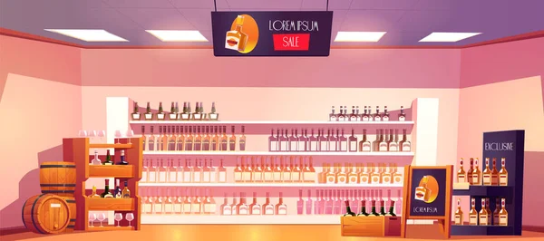 Tienda de alcohol con botellas en estantes y barriles — Vector de stock