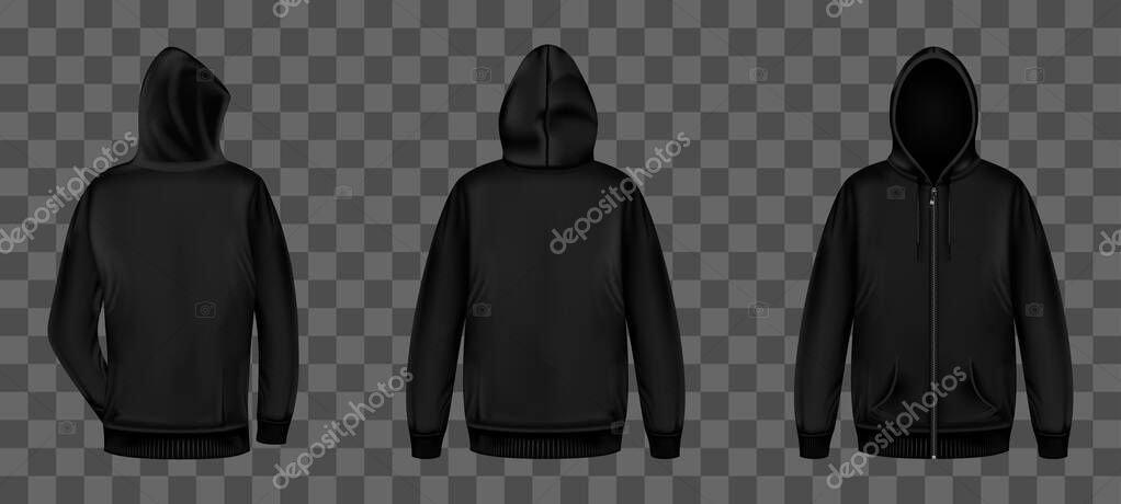 Black sweatshirt with zipper, hood and pockets front and back view. Vector realistic mockup of male zip hoodie with long sleeve. Man silhouette in street wear, urban style sport shirt