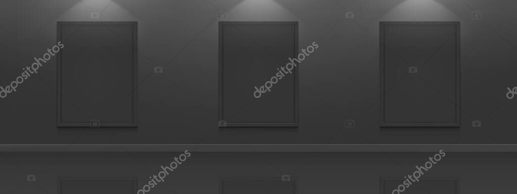 Black Movie Posters Mockup Blank Picture Frames On Dark Wall Background In Cinema Theater Museum Or Gallery Interior Empty Advertising Banners With Border And Backlight Realistic 3d Vector Mock Up Premium