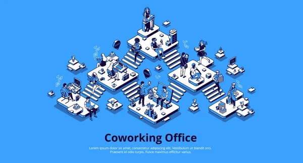 Coworking Office isometrische Zielseite. Teamarbeit — Stockvektor