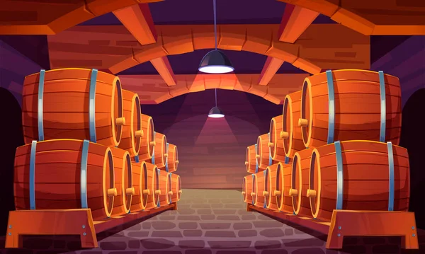 Barricas de madera vectorial con vino en bodega — Vector de stock